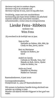 ribbers.e 1929-2020 fens.w.a k