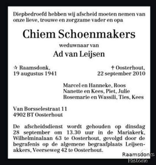 schoenmakers.chiem. 1941-2010 leijsen.van.ad. k.