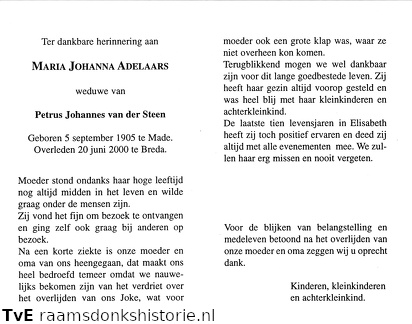 Maria Johanna Adelaars- Petrus Johannes van der Steen