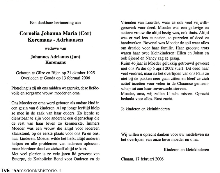 Cornelia Johanna Maria Adriaansen- Johannes Adrianus Koremans