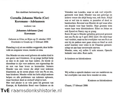 Cornelia Johanna Maria Adriaansen Johannes Adrianus Koremans