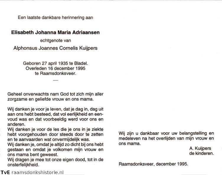 Elisabeth Johanna Maria Adriaansen- Alphonsus Joannes Cornelis Kuipers