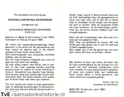 Antonia Christina Akkermans- Adrianus Henricus Johannes van Lil
