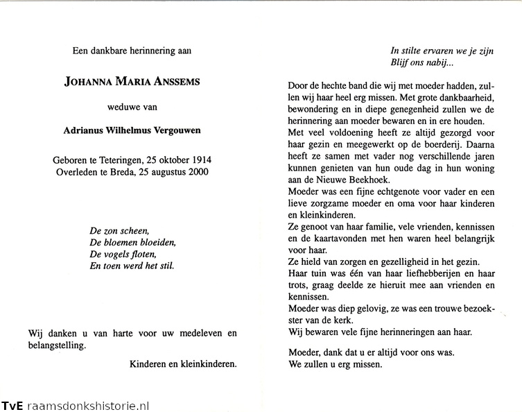 Johanna Maria Anssems- Adrianus Wilhelmus Vergouwen