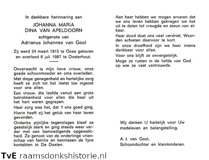 Johanna Maria Dina van Apeldoorn- Adrianus Johannes van Gool