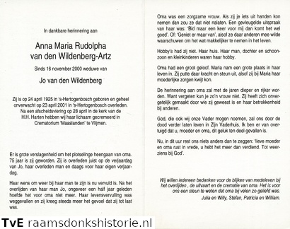 Anna Maria Rudolpha Artz- Jo van den Wildenberg