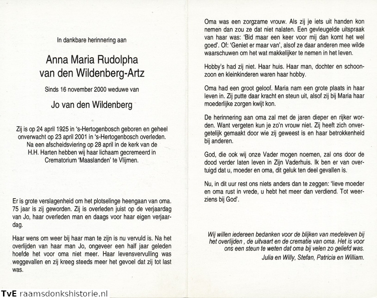 Anna Maria Rudolpha Artz Jo van den Wildenberg