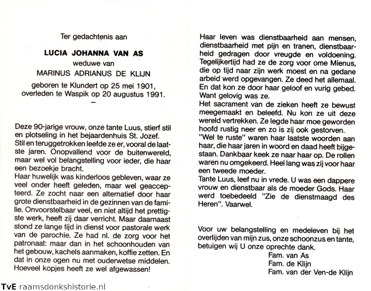 Lucia Johanna van As- Marinus Adrianus de Klijn