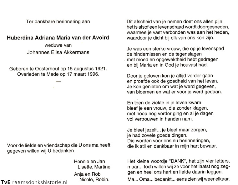 Huberdina Adriana Maria van der Avoird- Johannes Elisa Akkermans