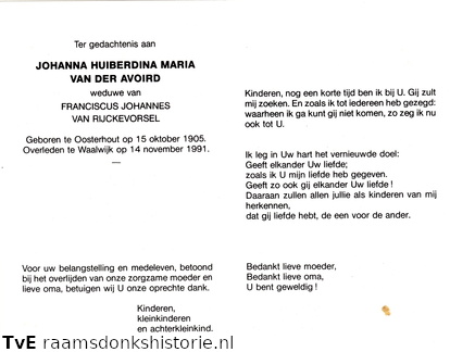 Johanna Huiberdina Maria van der Avoird- Franciscus Johannes van Rijckevorsel