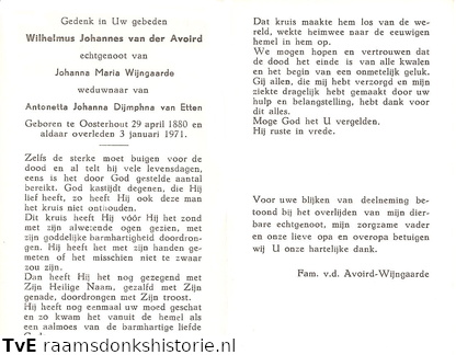 Wilhemus Johannes van der Avoird- Johanna Maria Wijngaarde- Antonetta Johanna Dijmphna van Etten