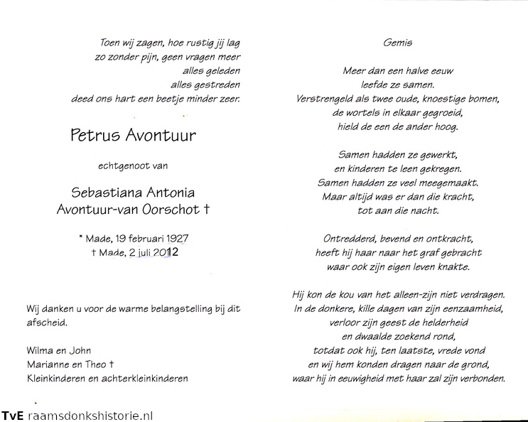 Petrus Avontuur- Sebastiana Antonia van Oorschot