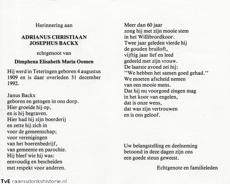 Adrianus Christiaan Josephus Backx Dimphena Elisabeth Maria Oomen