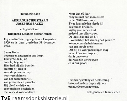 Adrianus Christiaan Josephus Backx Dimphena Elisabeth Maria Oomen