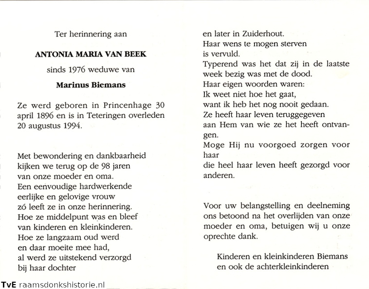 Antonia Maria van Beek Marinus Biemans