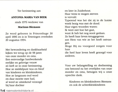Antonia Maria van Beek Marinus Biemans