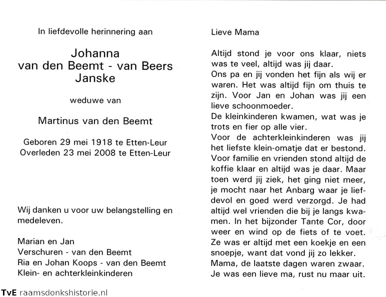 Johanna van Beers Martinus van den Beemt
