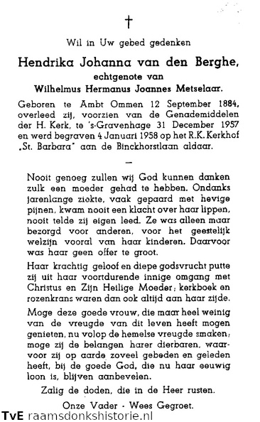 Hendrika Johanna van den Berghe Wilhelmus Hermanus Joannes Metselaar
