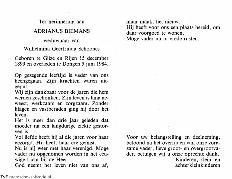 Adrianus Biemans Wilhelmina Geertruida Schoones