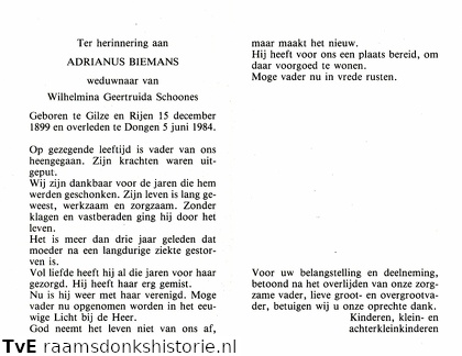 Adrianus Biemans Wilhelmina Geertruida Schoones