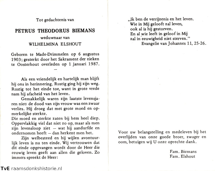 Petrus Theodorus Biemans Wilhelmina Elshout
