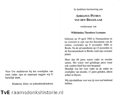 Adrianus Petrus van den Biggelaar Wilhelmina Theodora Loymans