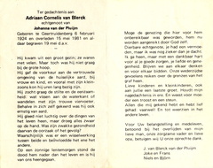 Adriaan Cornelis van Blerck Johanna van der Pluijm