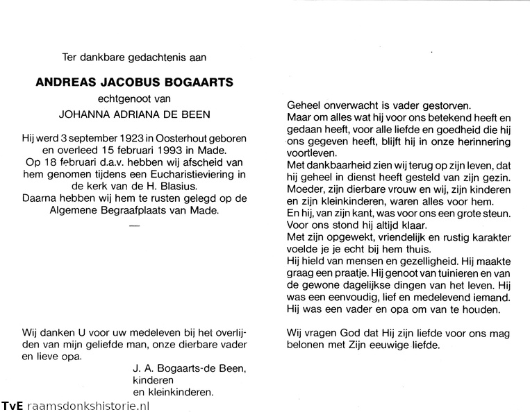 Andreas Jacobus Bogaarts Johanna Adriana de Been