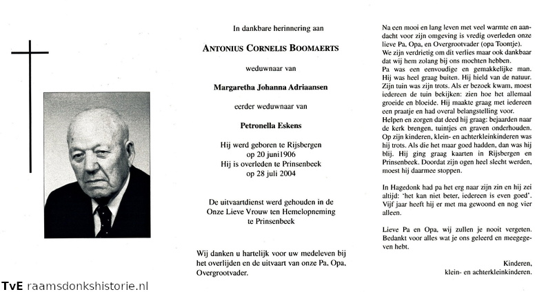Antonius Cornelis Boomaerts Margaretha Johanna Adriaansen  Petronella Eskens