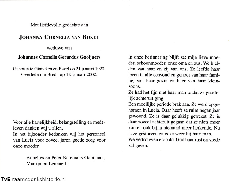 Johanna Cornelia van Boxel Johannes Cornelis Gerardus Gooijaers