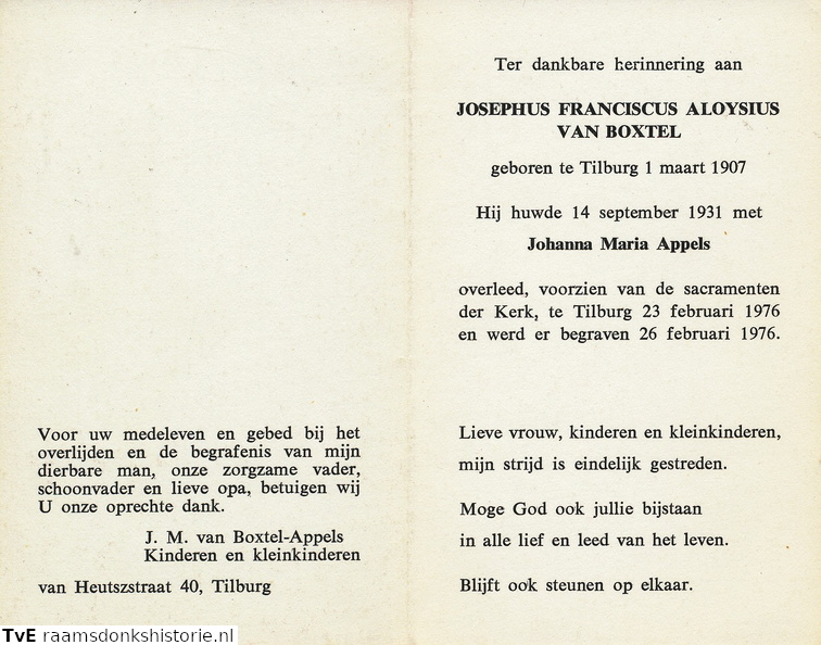 Josephus Franciscus Aloysius van Boxtel Johanna Maria Appels