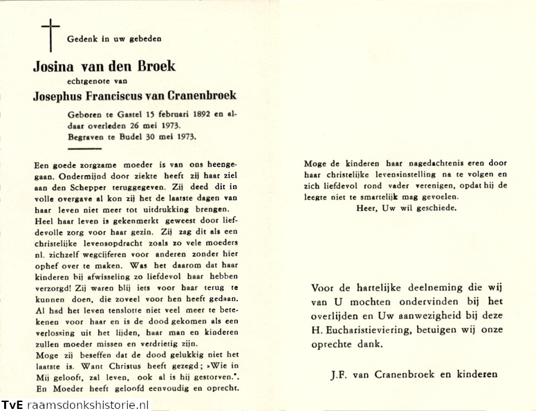 Josina van den Broek Josephus Franciscus van Cranenbroek