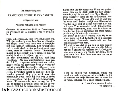 Franciscus Cornelis van Campen Antonia Johanna den Ridder
