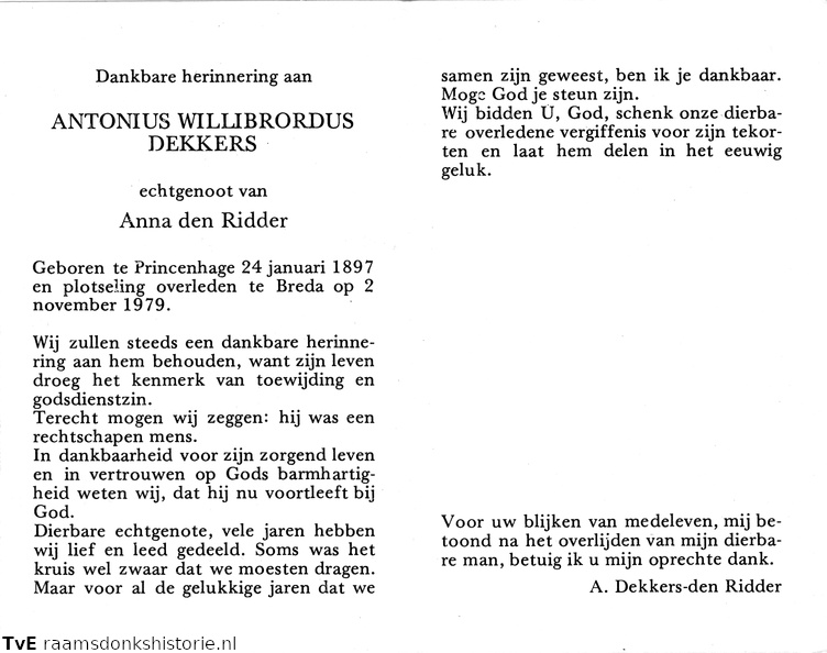 Antonius Willibrordus Dekkers Anna den Ridder