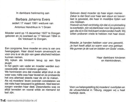Barbara Johanna Evers Antonius Hendrikus in t Groen