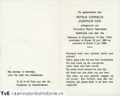 Petrus Cornelis Josephus Fick- Cornelia Maria Henriette Mathilda van der Aa