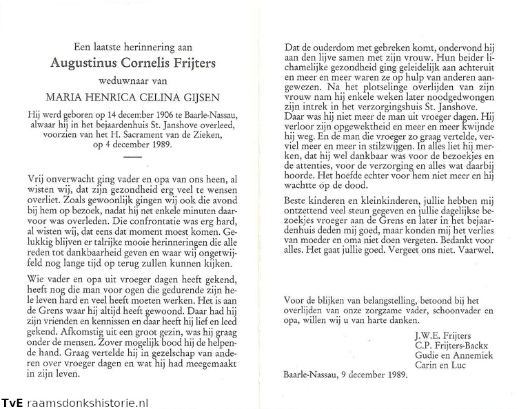 Augustinus Cornelis Frijters- Maria Henrica Celina Gijsen