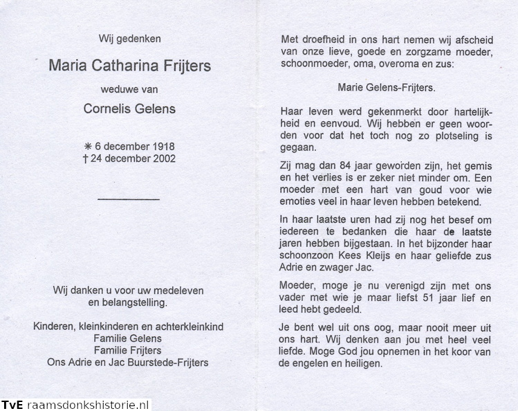 Maria Catharina Frijters- Cornelis Gelens