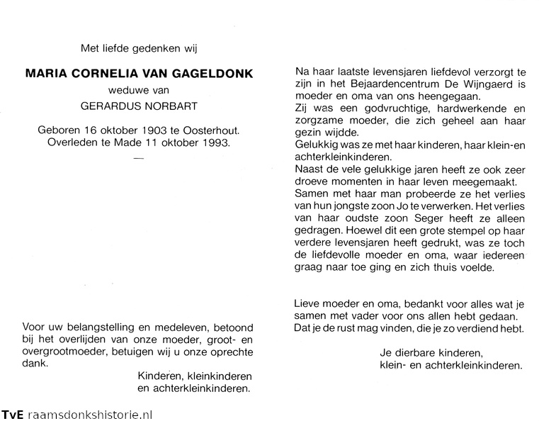 Maria Cornelia van Gageldonk- Gerardus Norbart