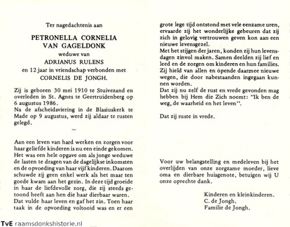 Petronella Cornelia van Gageldonk- Cornelis de Jongh (vr)- Adrianus Rulens