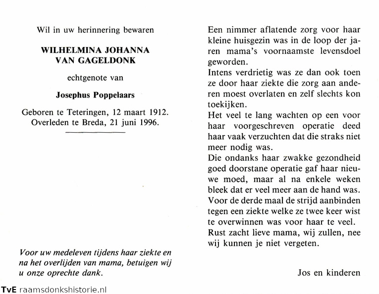 Wilhelmina Johanna van Gageldonk- Josephus Poppelaars