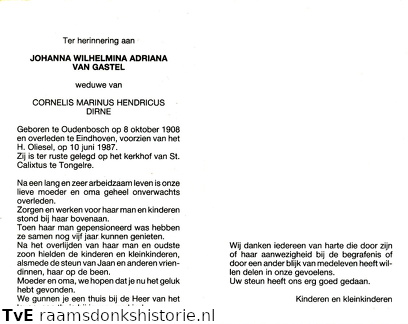 Johanna Wilhelmina Adriana van Gastel- Cornelis Marinus Hendricus Dirne
