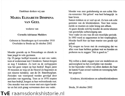Maria Elisabeth Dimphna van Geel- Cornelis Adrianus Mulders