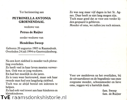 Petronella Antonia Groenendaal Petrus de Ruijter Hendrikus Sweep