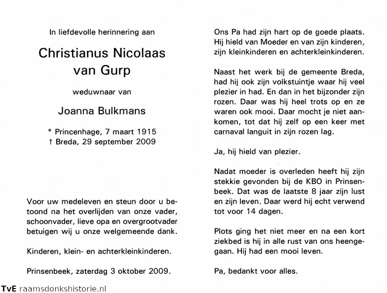 Christianus Nicolaas van Gurp Joanna Bulkmans