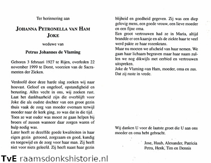 Johanna Petronella van Ham Petrus Johannes de Vlaming