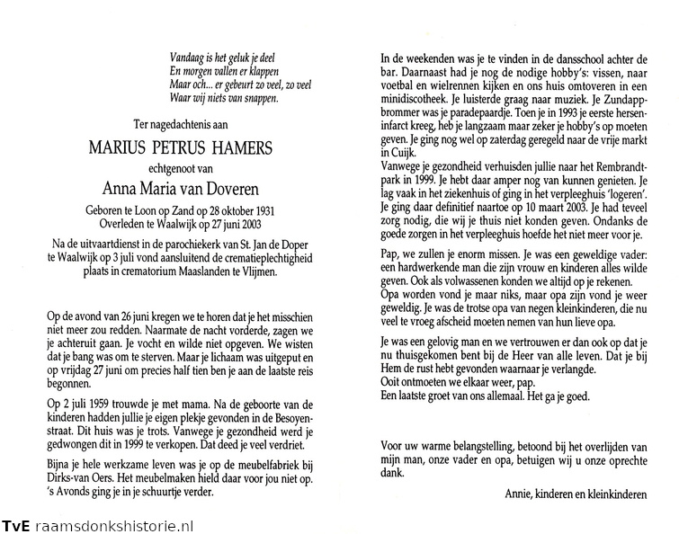 Marius Petrus Hamers Anna Maria van Doveren