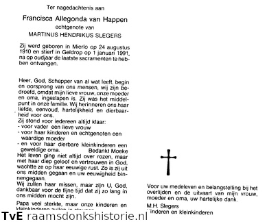 Francisca Allegonda van Happen Martinus Hendrikus Slegers