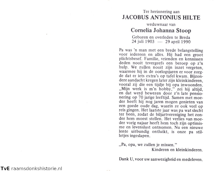 Jacobus Antonius Hilte Cornelia Johanna Stoop