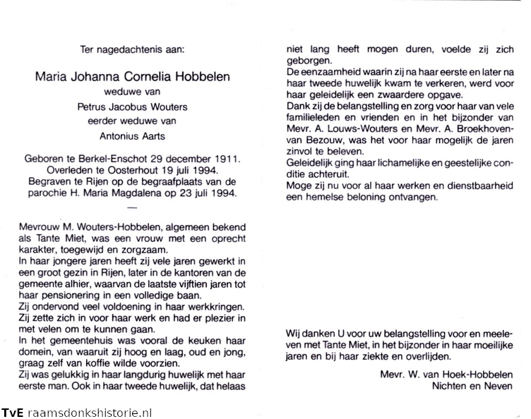 Maria Johanna Cornelia Hobbelen Petrus Jacobus Wouters  Antonius Aarts